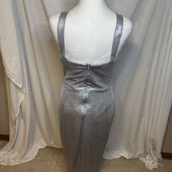 Eliza J Metallic Silver Twist Front Cocktail Maxi Dress Womens Designer Stylish - Picture 5 of 7
